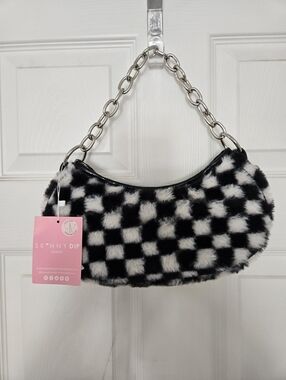 Black & White Checkered Faux Fur Shoulder Bag